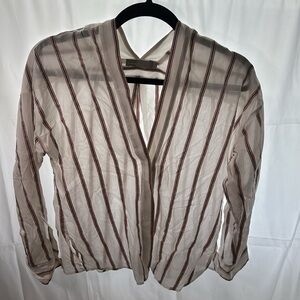 Vince Textured V-Neck Striped Button Down Tunic Blouse in Optic White S